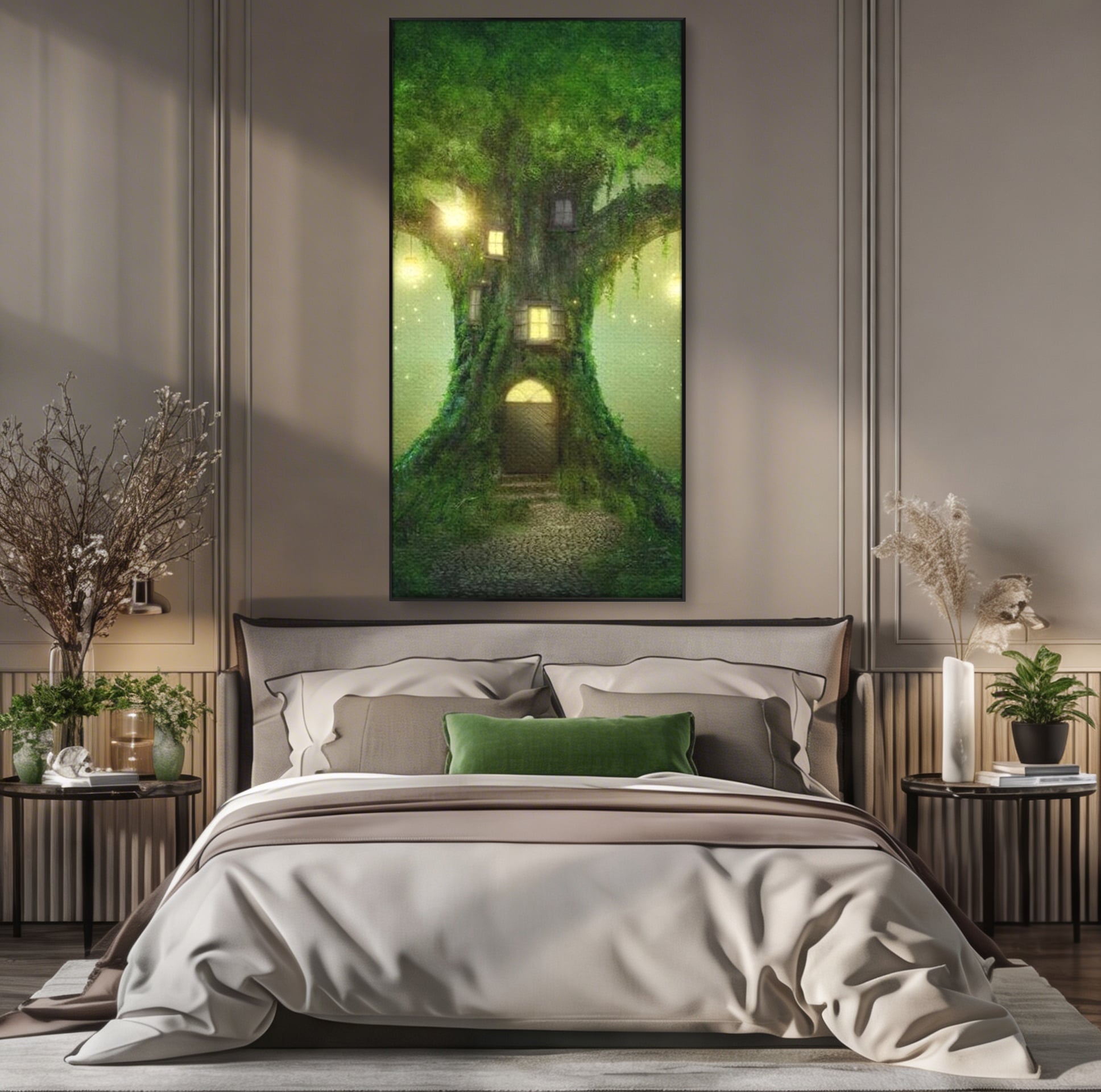 Tablou canvas cu ilustratie digitala cu un copac fermecat, in rama de aluminiu negru, pe perete intr-un dormitor